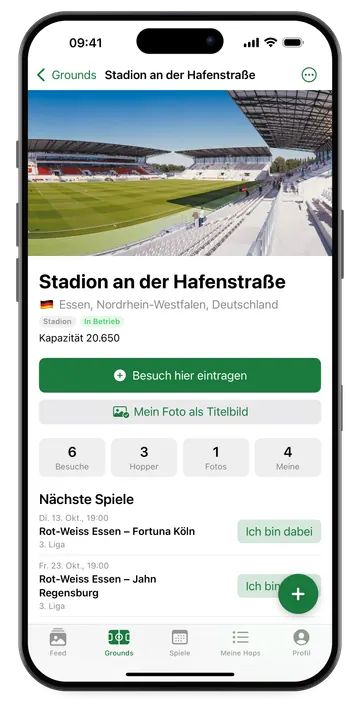 Ground-Seite des Stadions an der Hafenstraße in Essen mit Foto, Kapazität und nächsten Spielen