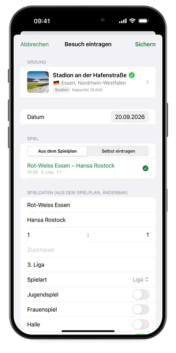 Besuch eintragen: Ground, Datum, Spiel aus dem Spielplan gewählt, Ergebnis schon ausgefüllt