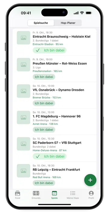 Spielsuche: Spiele der nächsten Tage im Umkreis mit Entfernung