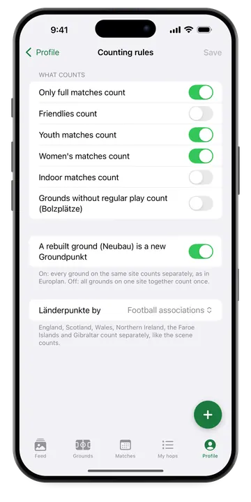 Counting rules: choose which matches count and how country points are counted
