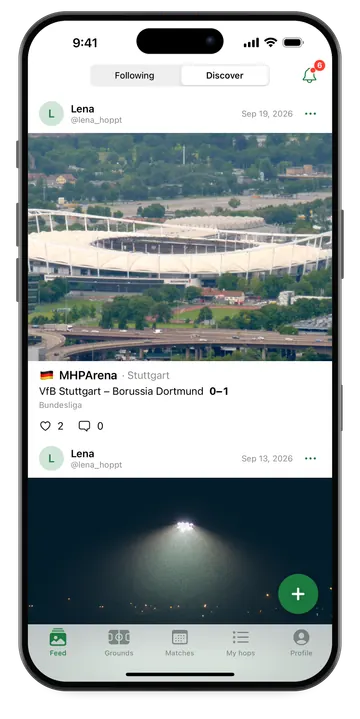 GroundHopper.net on iPhone: feed with other hoppers' visits, photo, ground, result and likes