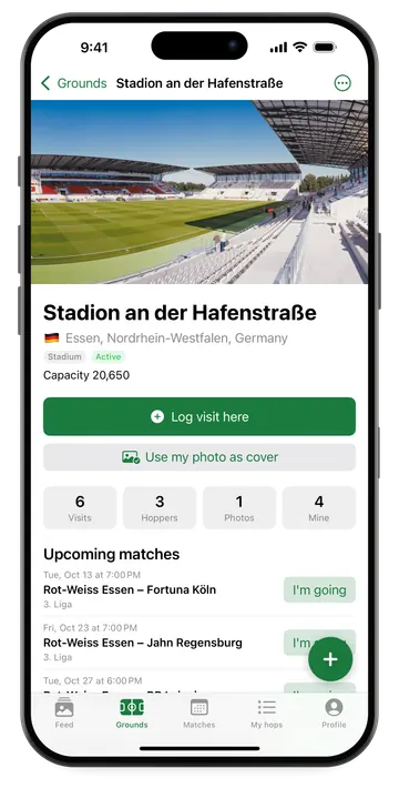 Ground page of Stadion an der Hafenstraße in Essen with photo, capacity and upcoming matches