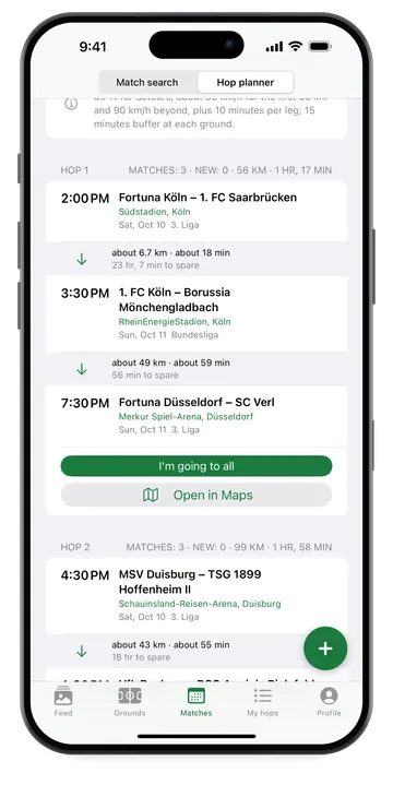 Hop planner: suggestions for several matches on one weekend