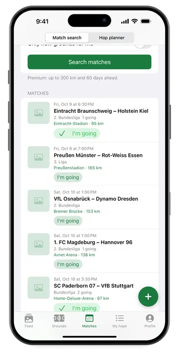Match search: matches in the coming days nearby, with distance